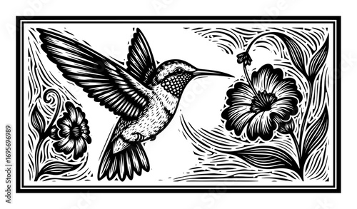 woodcut hummingbird with hibiscus flower vector