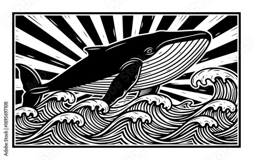 whale in ocean waves vintage woodcut style vector
