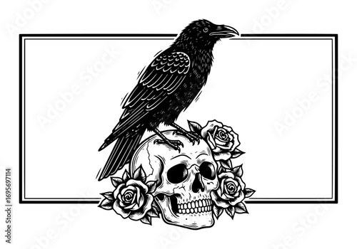 raven on skull with roses gothic tattoo illustration