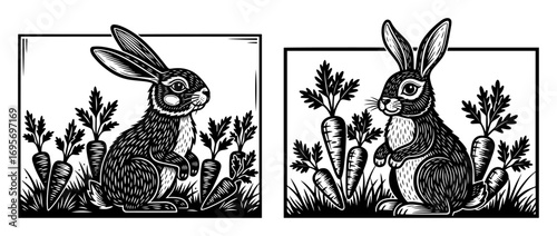 vintage rabbit in carrot field engraving style vector