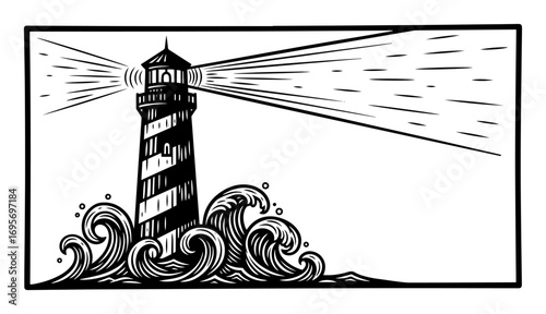 lighthouse in stormy sea waves vintage woodcut vector