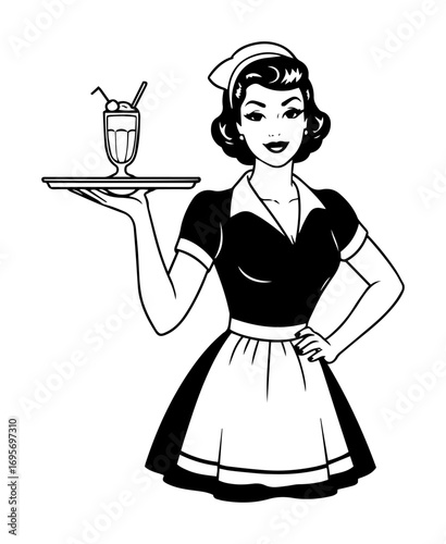 vintage waitress serving milkshake retro diner pinup vector