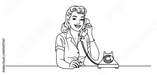 retro woman talking on rotary phone vintage call center vector