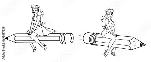 retro pinup girl sitting on a giant pencil vector