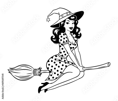 witch pin up style sitting on broom vector