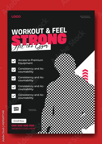 Muscular man lifting weights in gym promoting workout and feeling strong with fitness tips