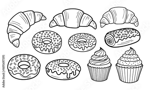 bakery pastries sweet food doodle vector set