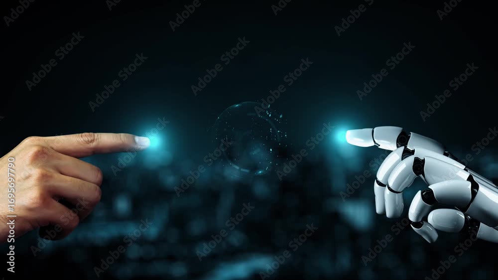 Futuristic robot artificial intelligence enlightening AI technology development and machine learning concept. Global robotic bionic science research for future of human life. 3D rendering graphic.
