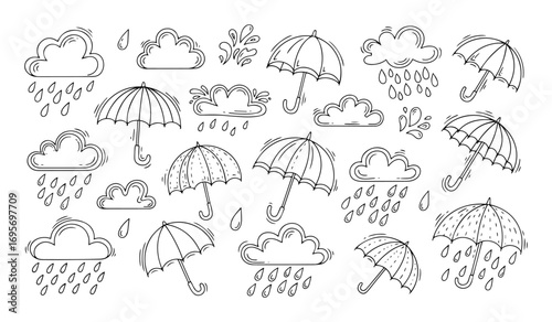 weather doodles with rain clouds and umbrellas vector set