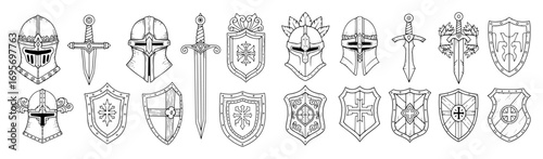 medieval knight armor shields and swords doodle icon set