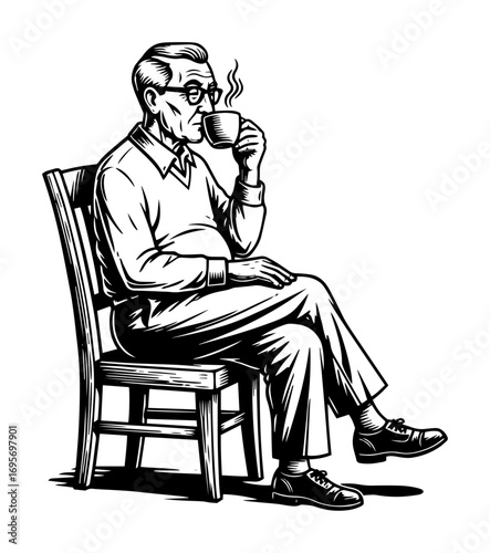 retro senior man sitting in a chair drinking coffee