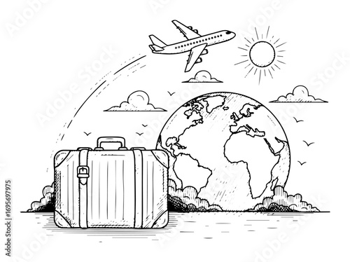 travel the world concept with suitcase and airplane sketch