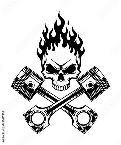 flaming skull with crossed pistons biker logo vector