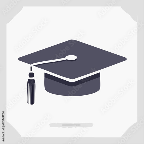 Vector icon of a dark graduation cap with a tassel, representing academic achievement, university degree, and the successful completion of education
