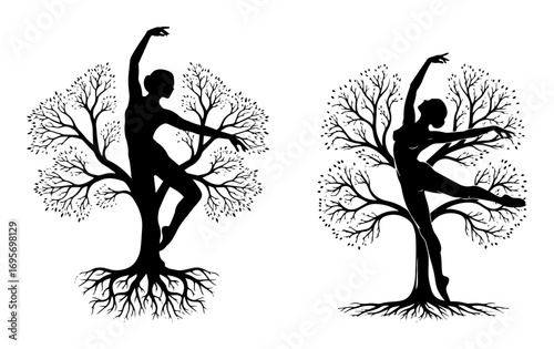 woman silhouette merged with tree branches and roots