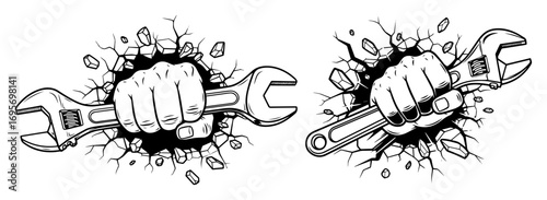hand holding wrench breaking through wall vector logo