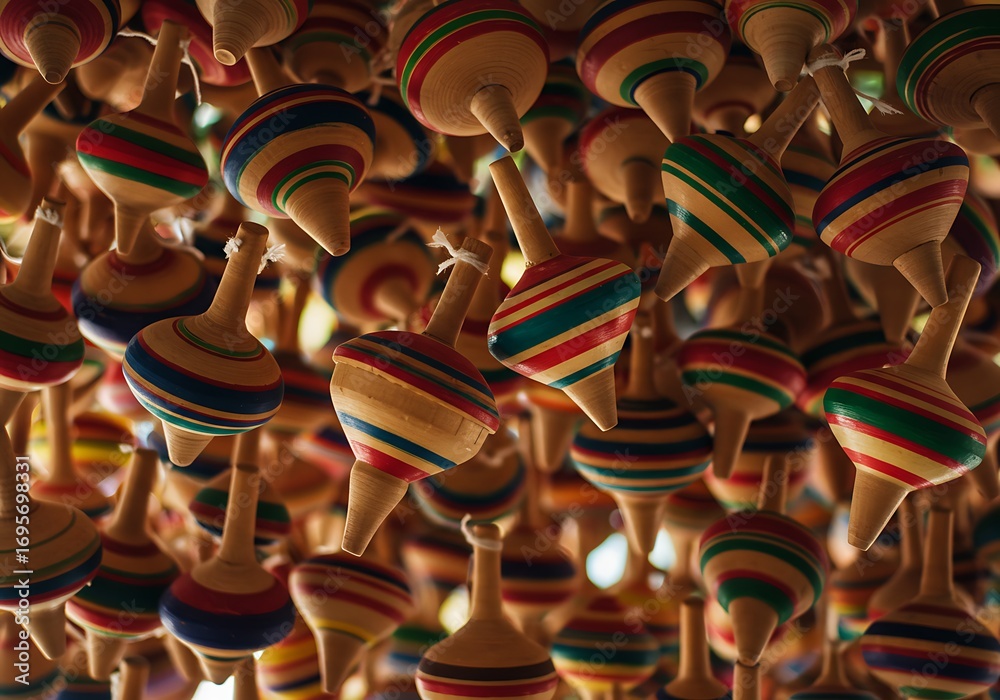Obraz premium Colorful Wooden Spinning Tops Hanging Closeup.