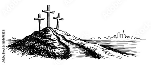 three crosses on hill hand drawn vector