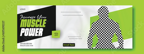 Muscular man posing confidently with bold typography and vibrant green accents for fitness promotion