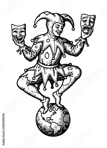 jester balancing on globe with masks tattoo style vector