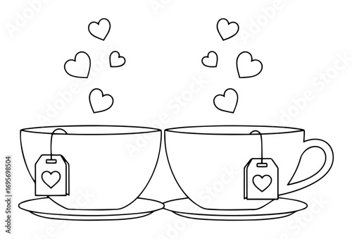 two tea cups with hearts love concept vector illustration