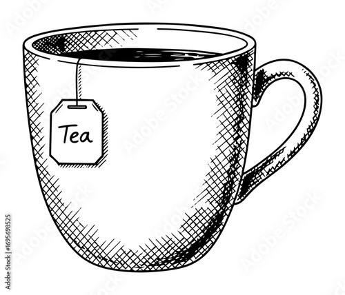 tea cup with tea bag hand drawn sketch vector illustration