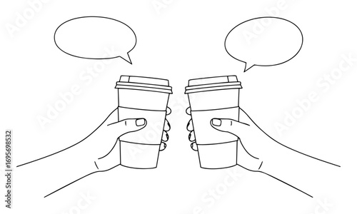 hands toasting with coffee cups line art vector illustration