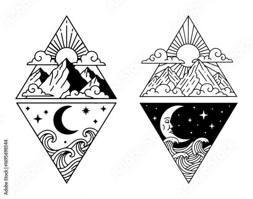mountain sun moon wave sacred geometry logo vector set