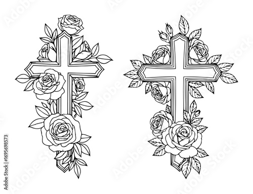 ornate christian cross with roses floral tattoo vector