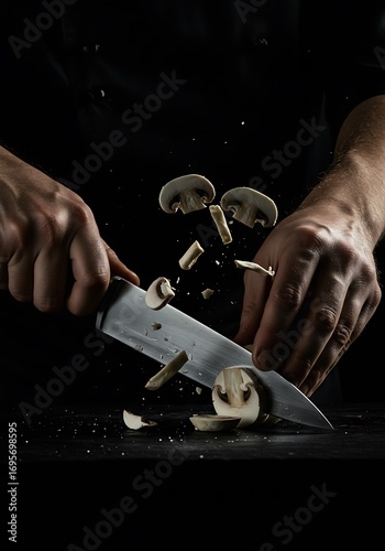 Chef slicing mushrooms with a knife, culinary preparation, dark background.
