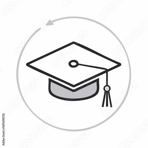 Academic success and lifelong learning icon featuring a graduation mortarboard cap in a circular arrow loop
