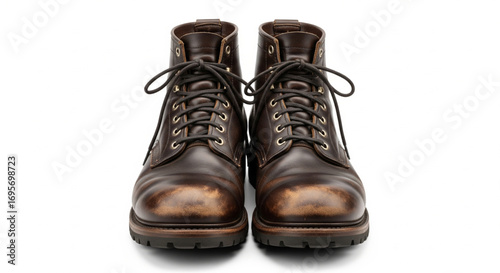 A pair of worn, brown leather boots, facing forward on a white background.