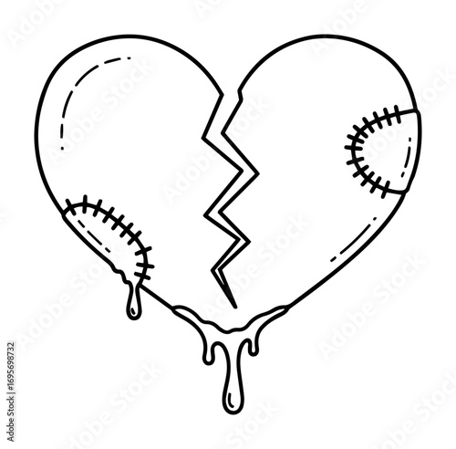 cartoon broken heart with stitches vector illustration