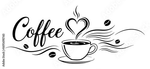 coffee lettering with cup and heart steam logo vector