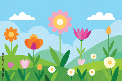 Flowers and grass in a sunny spring meadow with a butterfly and a blue sky