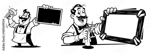 retro chef characters with menu board and cooking tools