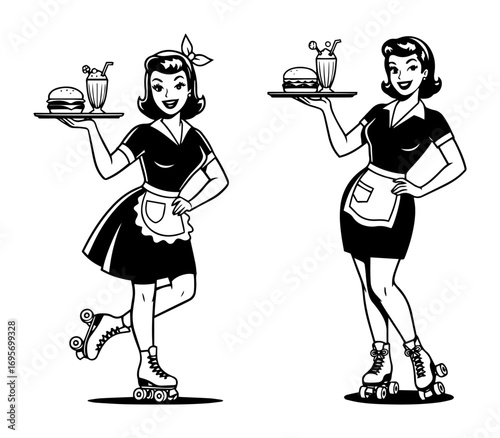 vintage diner waitresses on roller skates with food trays