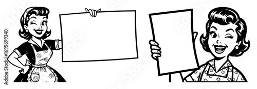 retro housewife holding blank sign vector illustration