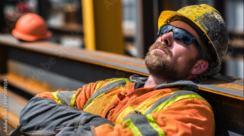 Construction worker taking a break outdoors, resting on metal beam, in safety gear