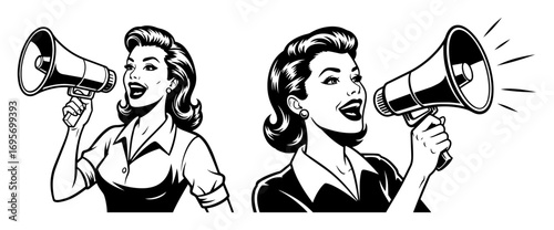 retro woman shouting with megaphone vector illustration