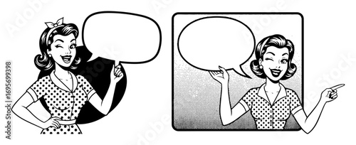 winking retro woman pointing at blank speech bubble