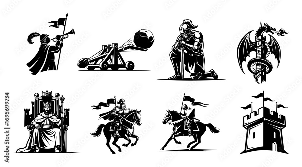 Naklejka premium medieval kingdom knight king and dragon vector set