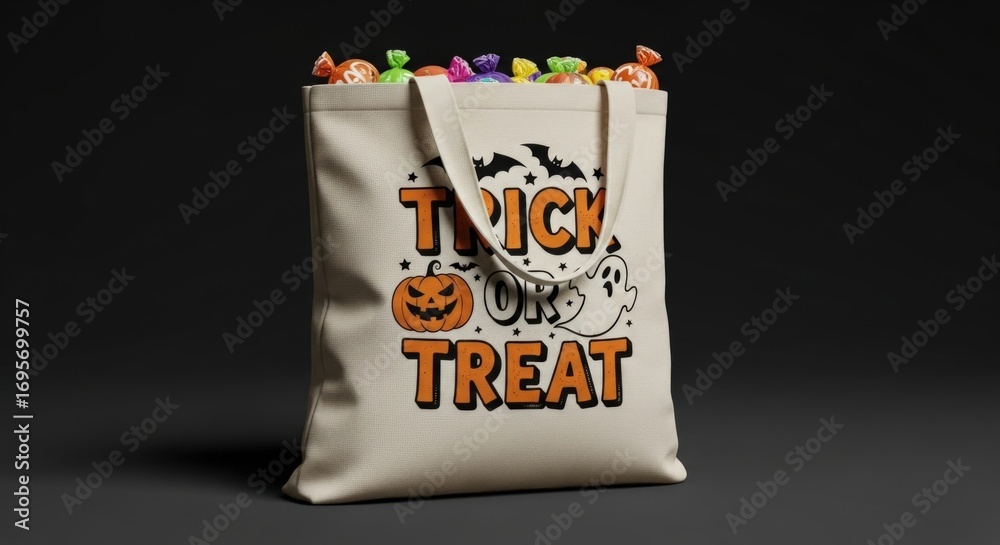 Obraz premium Halloween trick-or-treat bag filled with colorful candy, symbolizing festive seasonal treats