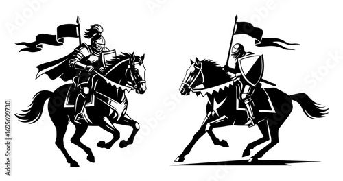 medieval knights jousting on horses black and white illustration