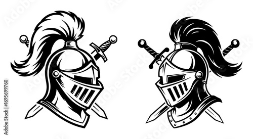 medieval knight helmets with crossed swords vector emblems