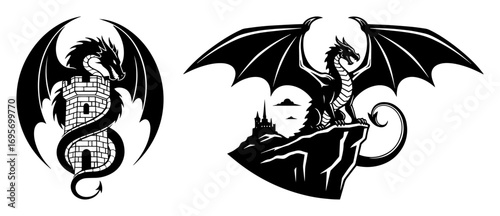 fantasy dragons with medieval castle tower vector set