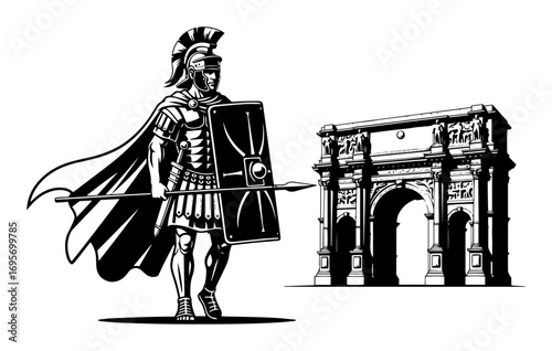 roman warrior soldier with triumphal arch vector illustration