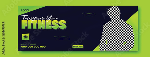 Muscular man holding dumbbell with dynamic fitness text and neon green accents on dark background