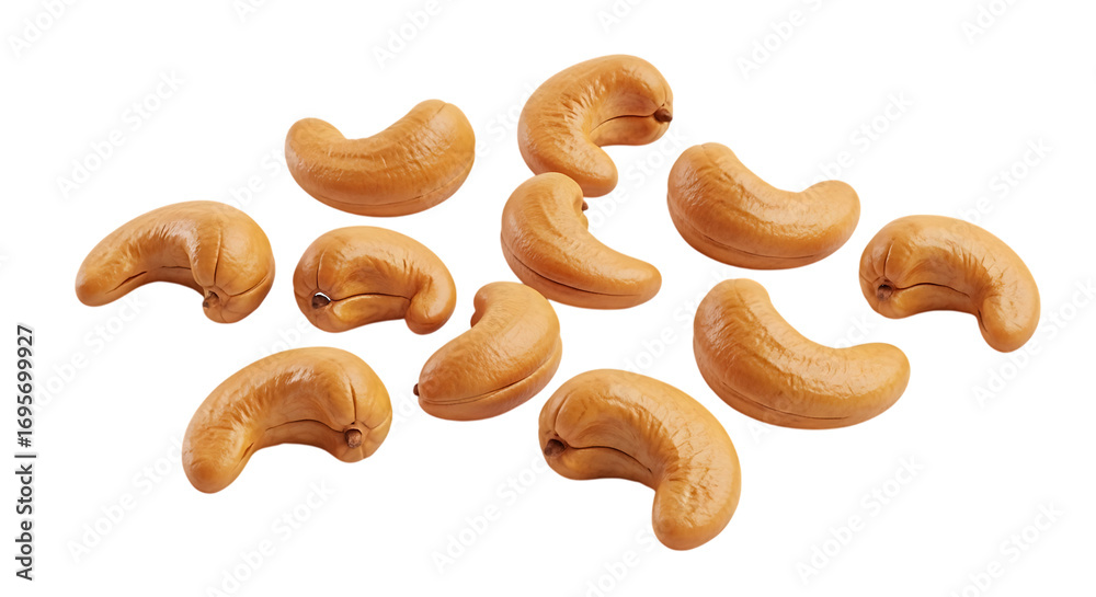 Fototapeta premium Cashew nuts scattered isolated on a transparent background
