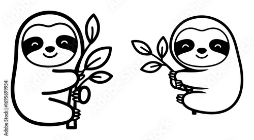cute sloth holding branch cartoon coloring page vector